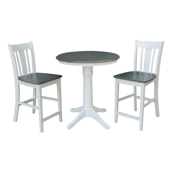 30" Round Wood Counter Height Table With 2 Stools in White/Heather Gray