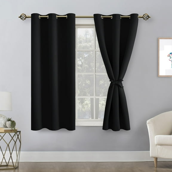 Hiasan Blackout Curtains for Bedroom - Light Blocking & Noise Reducing Window Curtains for Living Room, 2 Drape Panels Sewn with Tiebacks, Black, 42 x 54 Inch