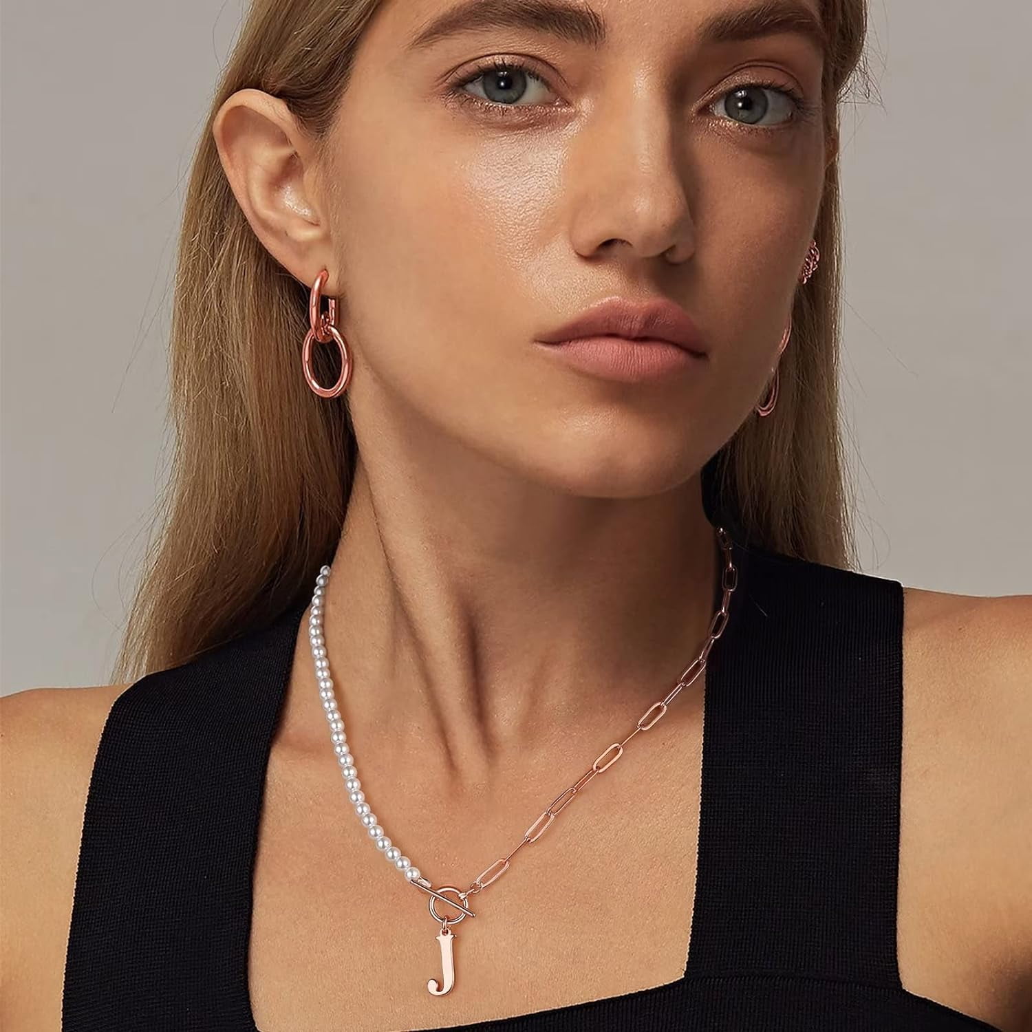 Gold Initial Pearl Necklace For Women, 14K Gold Plated Paperclip Link Chain Necklace Choker Toggle Clasp Necklace Dainty Pearl Chain Necklace Initial Pendant Necklaces For Women Gold Jewelry[o5016]