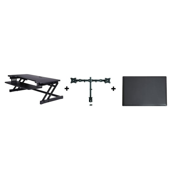 Rocelco 37.5" Deluxe Height Adjustable Standing Desk Converter with Dual Monitor Mount and Anti Fatigue Mat BUNDLE - Sit Stand Up Computer Workstation Riser - Keyboard Tray (Black)