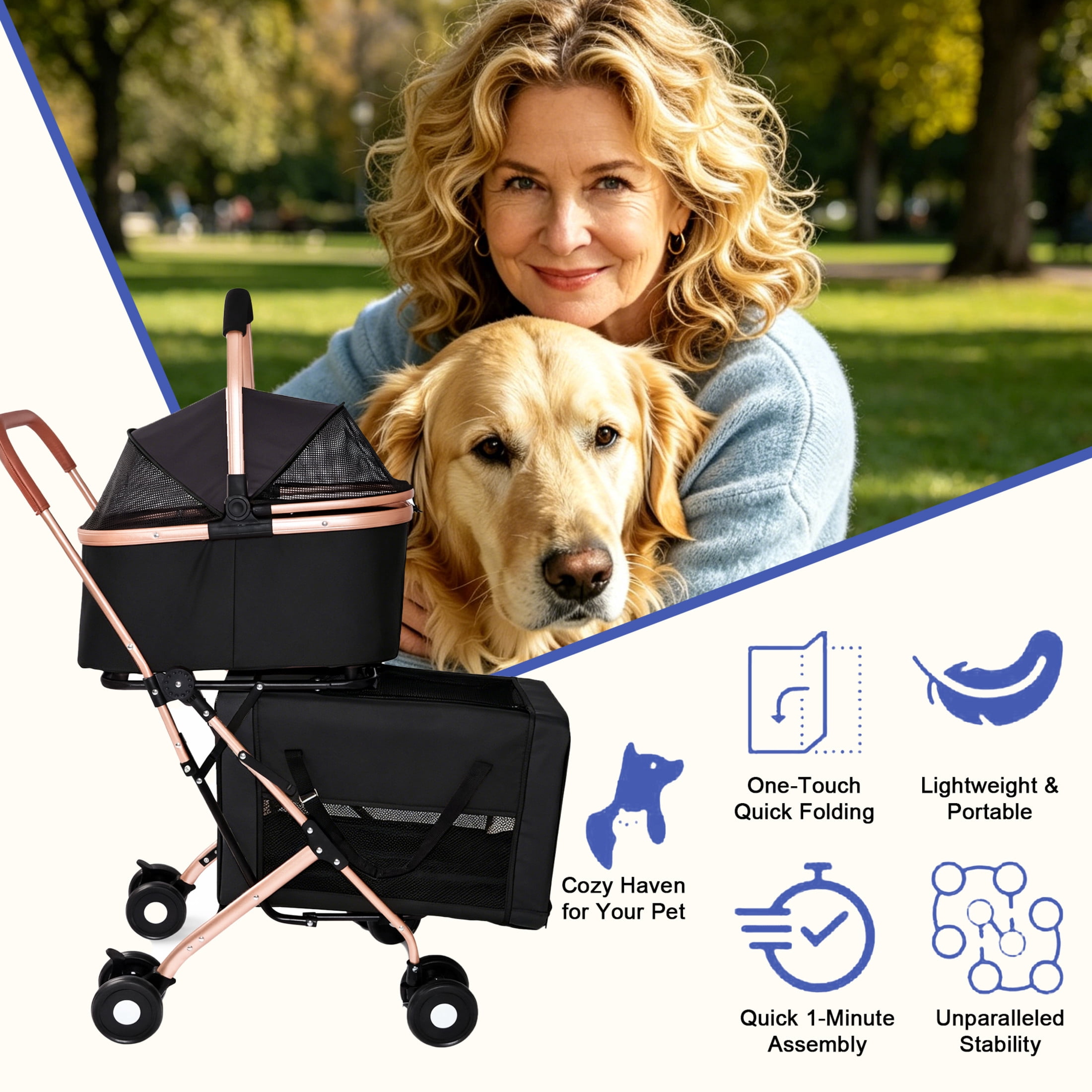 Noble House 3-in-1 Double Pet Stroller for Dogs & Cats with Detachable Carriers, Foldable Frame, Black