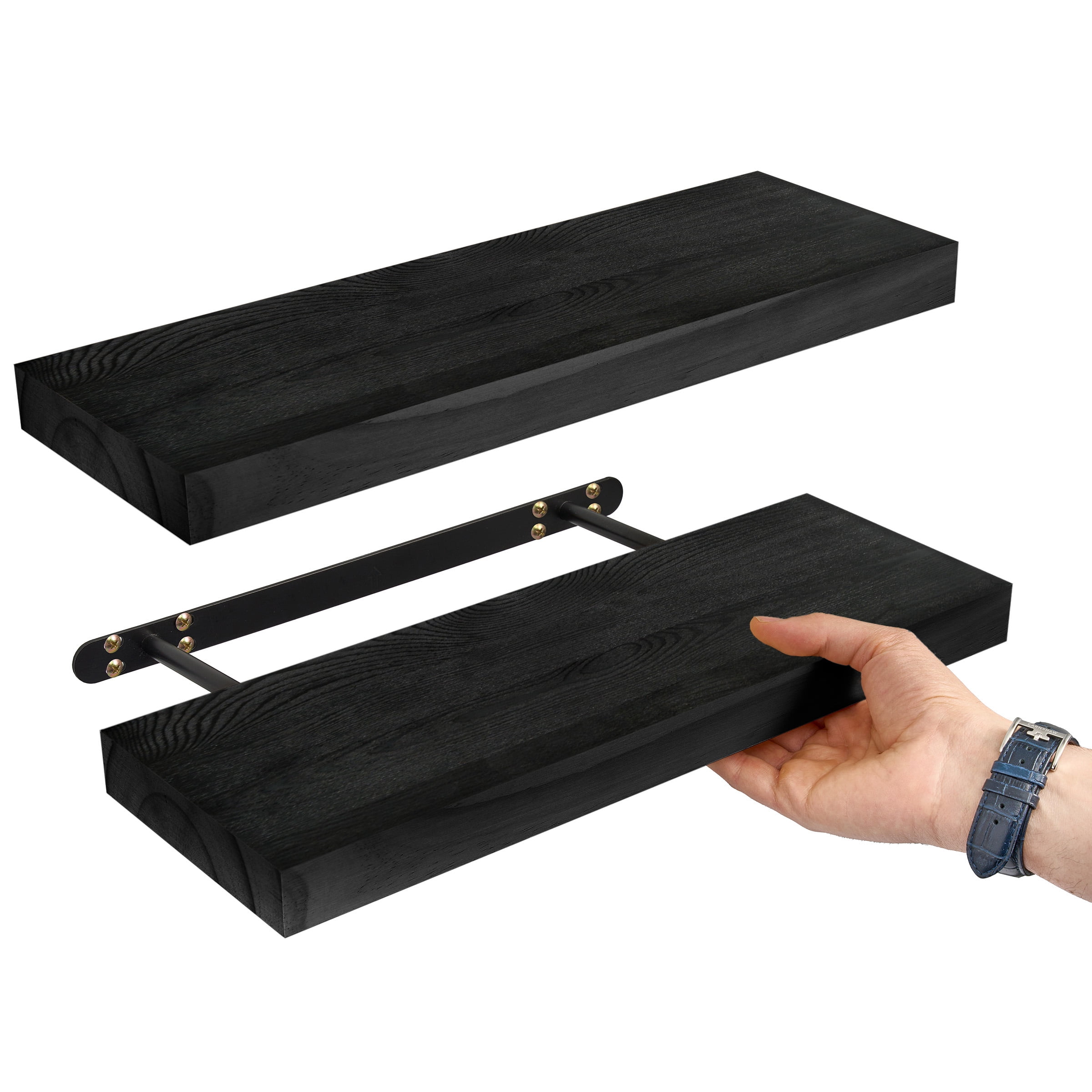Sorbus 16" Black Floating Shelves, Set of 2 Solid Pine Wood Wall Shelves for Bathroom, Kitchen, Bedroom & Living Room Décor
