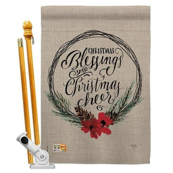 Breeze Decor BD-XM-HS-114169-IP-BO-D-US18-SB 28 x 40 in. Christmas Blessings Winter Impressions Decorative Vertical Double Sided House Flag Set & Pole Bracket Hardware