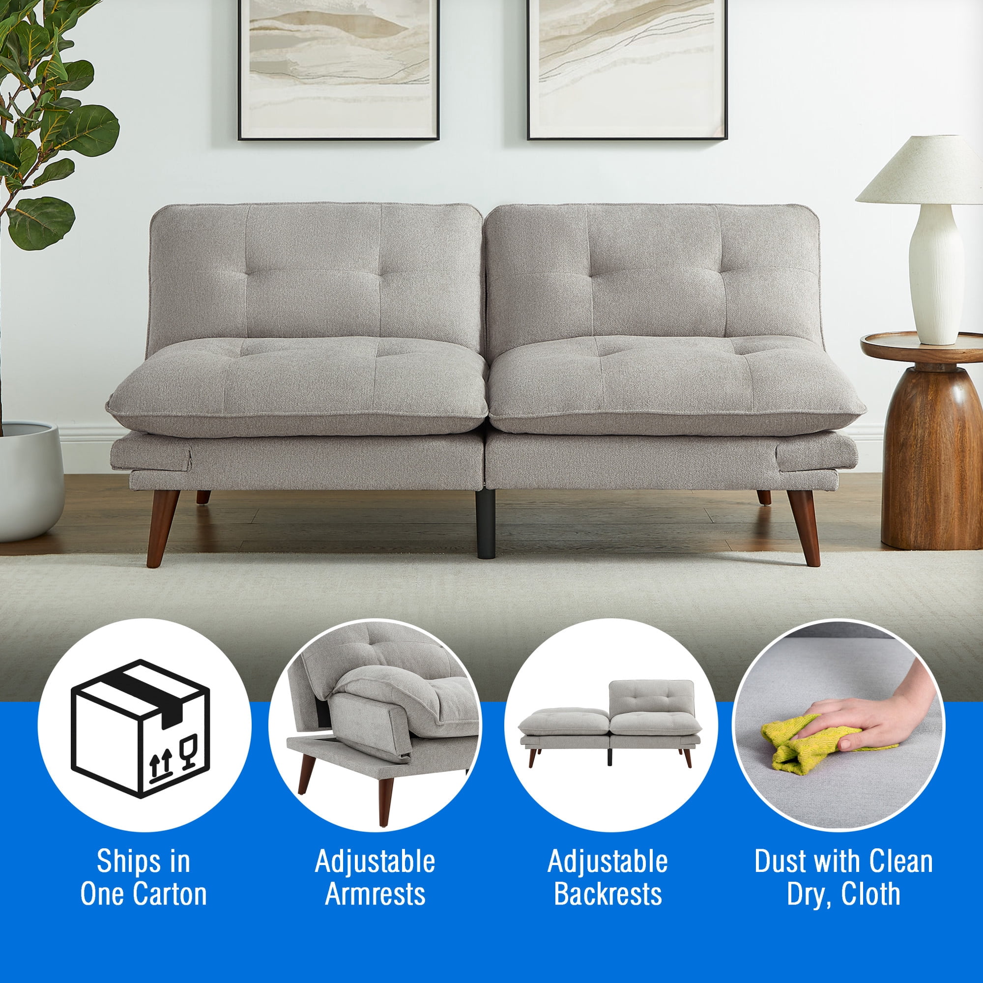 Mainstays 72 in Upholstered Adjustable Arm Futon, Warm Gray