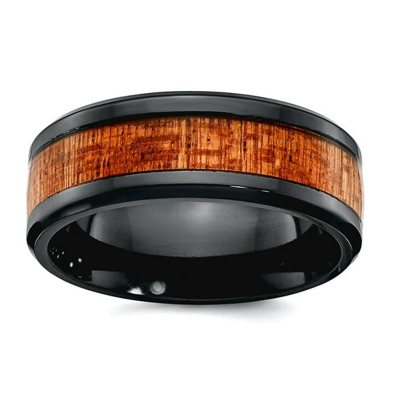 Black Zirconium Polished With Sapele Wood Inlay 8mm Band Size 11.5 Ring for Women and Men