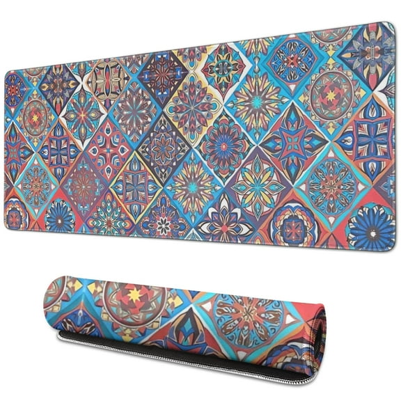 Long Mouse Pads for Desk,Red Floral Square Pattern Desk Mats on Top Of Desks, Desk Mouse Pad Extra Large with 3mm Non-Slip Base and Stitched Edge for Gaming,Office,Work,Home 31.5"x11.8"