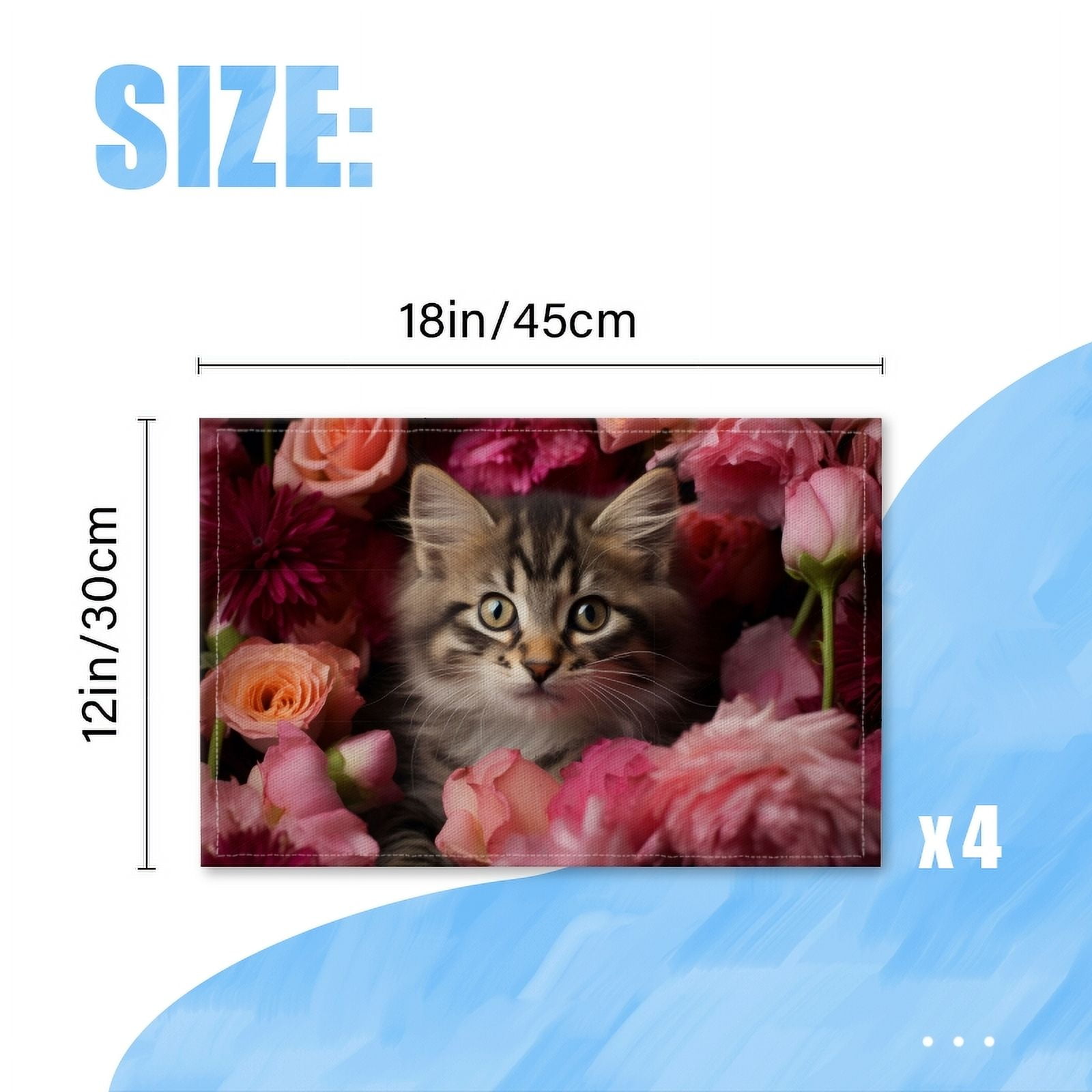BaHomeck placemats Set of 4 Fluffy Kitten Surrounded By Pink And Red Roses Cotton Linen rectangle Placemats for Kitchen Dining Table Indoor,Outdoor,18*12inch