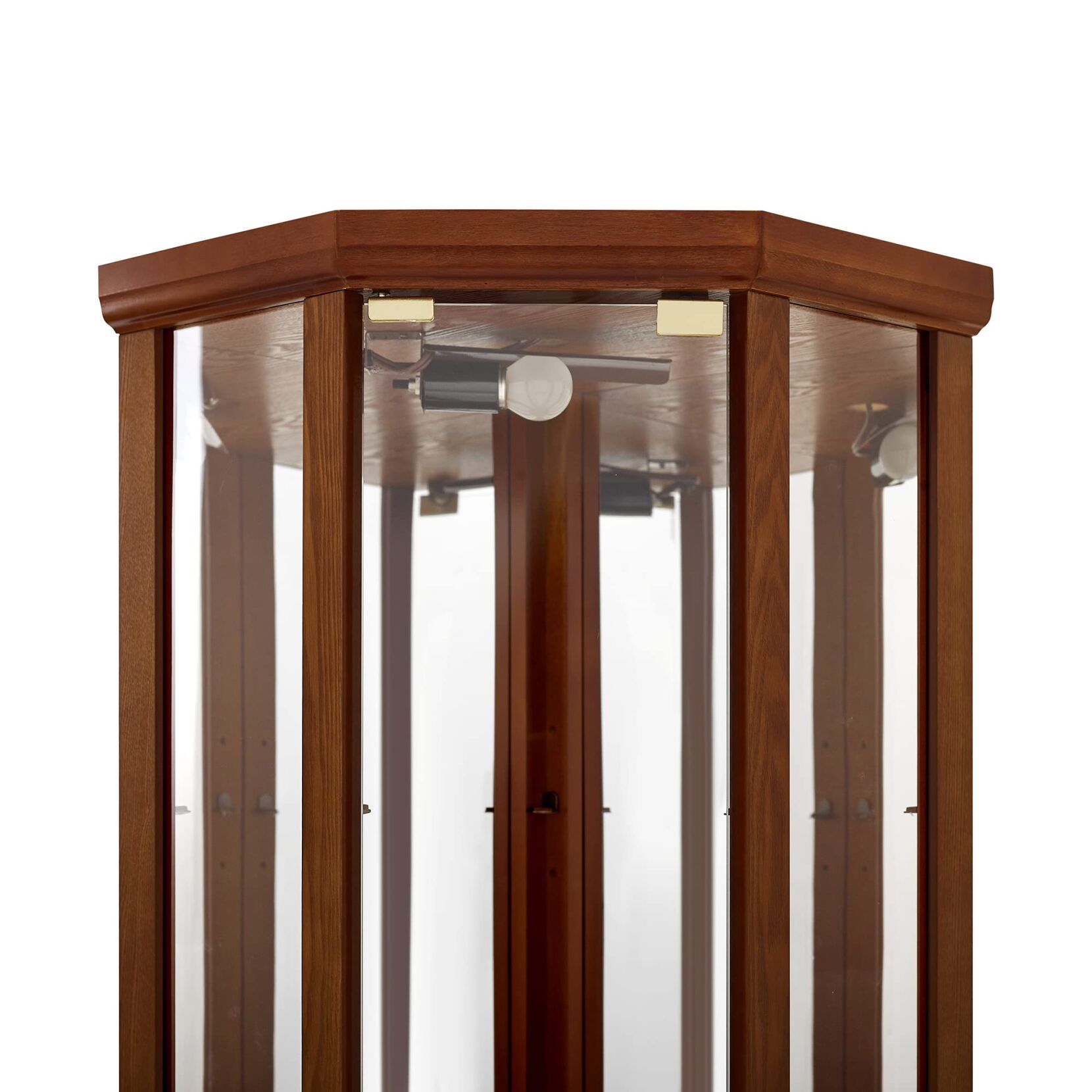 6 Tier Lighted Corner Display Curio Cabinet, Wooden Curved Shelving Unit with Tempered Glass Door and Mirror Back, Bar and Liquor Storage Area with Adjustable Glass Shelves, Walnut