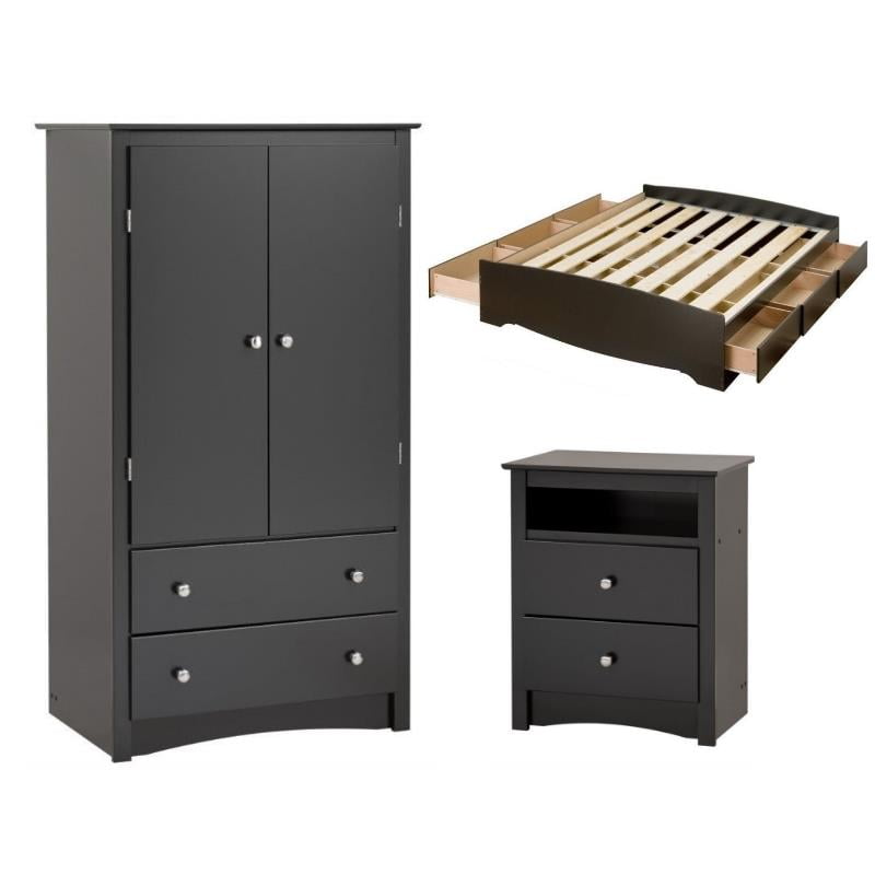 HOME MODERN Bedroom 3 pieces Set 2 Doors+2 Drawers Wardrobe with Hanging Rail 2+2 Drawers Storage Cabinet 2 Drawer Bedside/Lamp Table Grey Wooden 