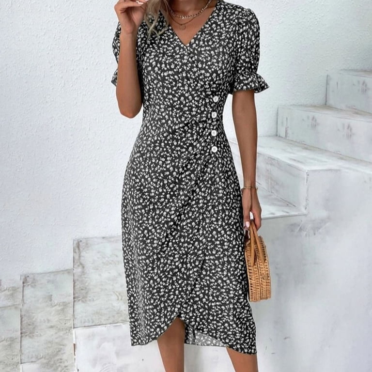 casual gala dresses VBARHMQRT Female Maternity Photoshoot Dress Women's Button V Neck Bubble  Sleeve Irregular Hem Dress Casual Dresses for Women Fall Long Sleeve Gala  Dresses for Women Formal