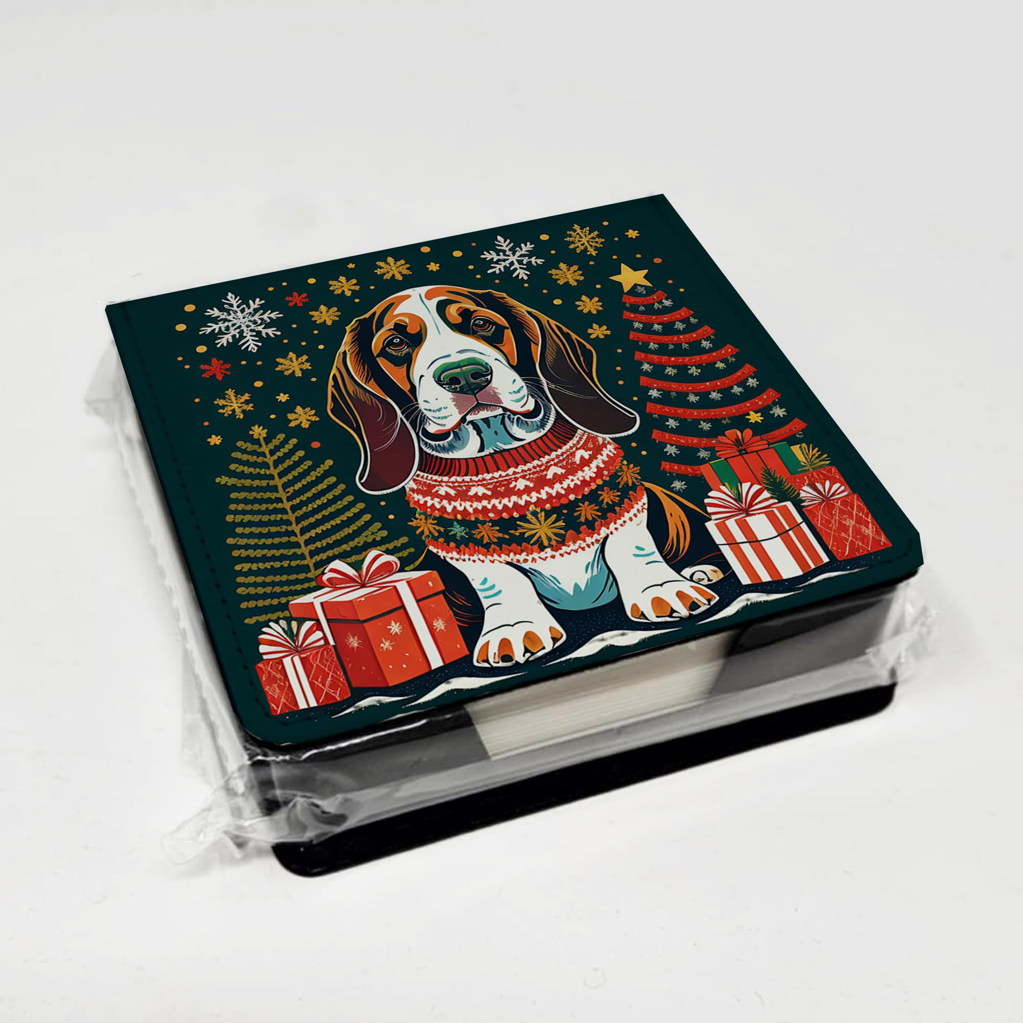 Caroline's Treasures Basset Hound Christmas PU Leather Note Paper Holder with Artist-Designed Cover, Desk Accessory, Office Gift