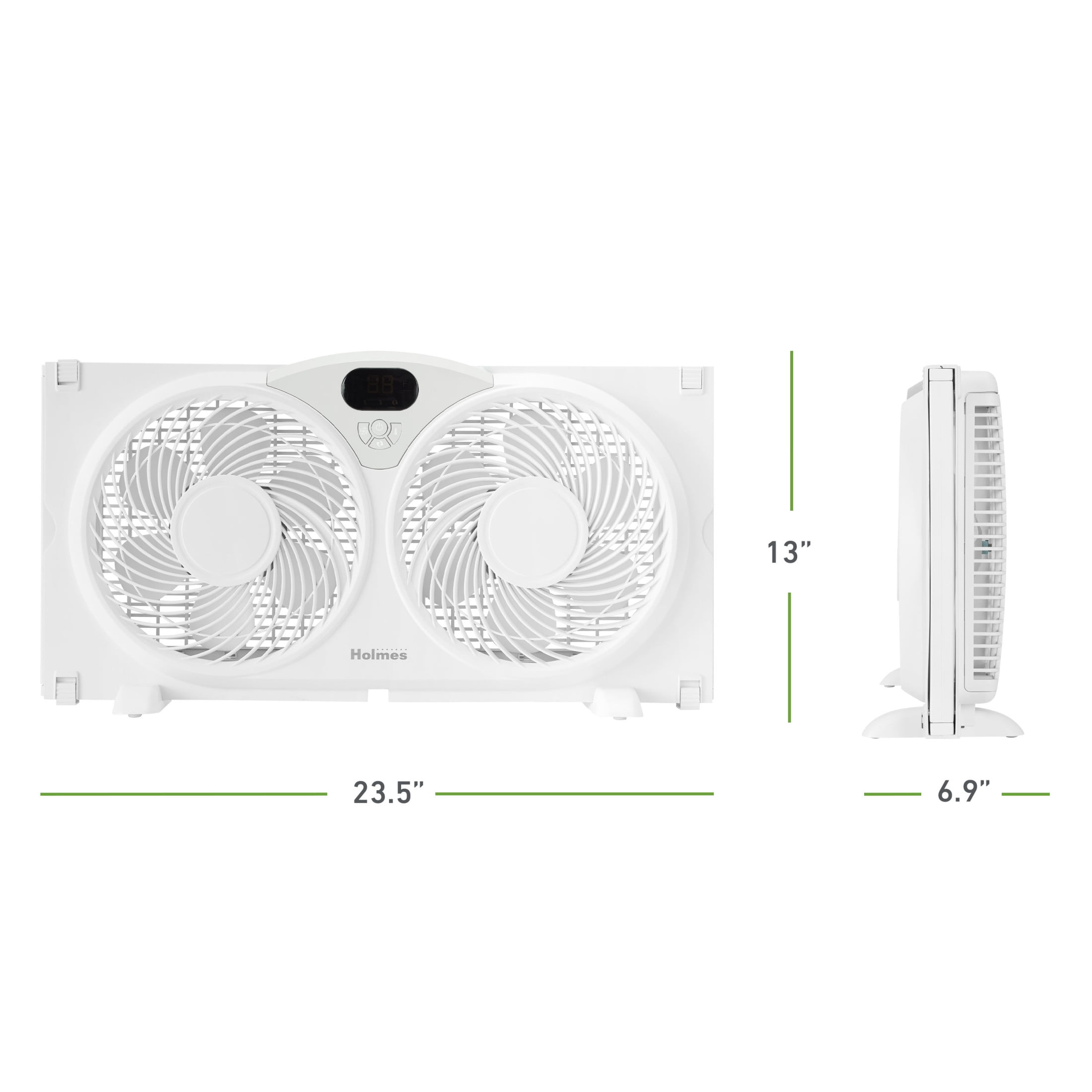 Holmes 9 Inch Digital Window Fan 3 Speed Thermostat Remote Reversible Twin Blades White