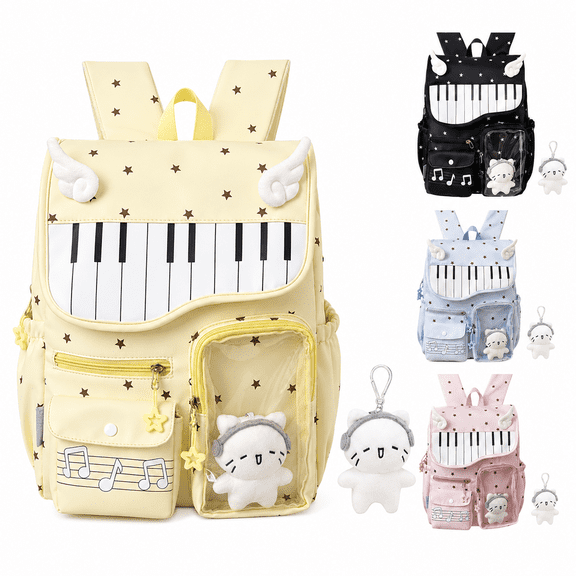 Piano Backpack Cute Y2K Whimsical Bookbag Yellow, Polka Dot Daypack with 6 Pockets for School Travel, Lightweight Nylon Backpack