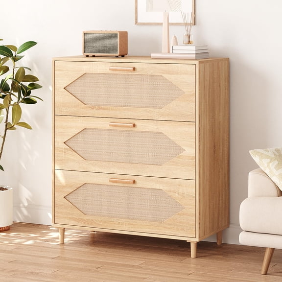 Garderth Rattan Dresser For Bedroom,3 Drawer Dresser,Modern Wood Chest Of Drawers,Small Nightstand,Closet Storage Organizer For Hallways,Living Rooms,Entryways