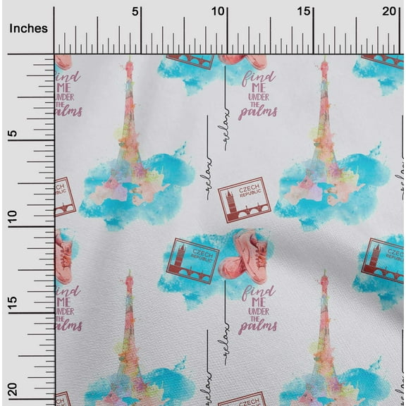 oneOone Cotton Flex Turquoise Blue Fabric Text|Shoes & Eiffel Tower Travel Sewing Fabric By The Yard Printed Diy Clothing Sewing Supplies 40 Inch Wide
