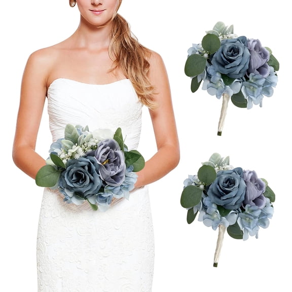 7 Inch Bridesmaid Bouquets Set of 2, Artificial Flower Wedding Bouquets for Bridesmaids Realistic Small Rose Bouquet for Vintage Rustic Country Boho Wedding Decorations - Dusty Blue & White