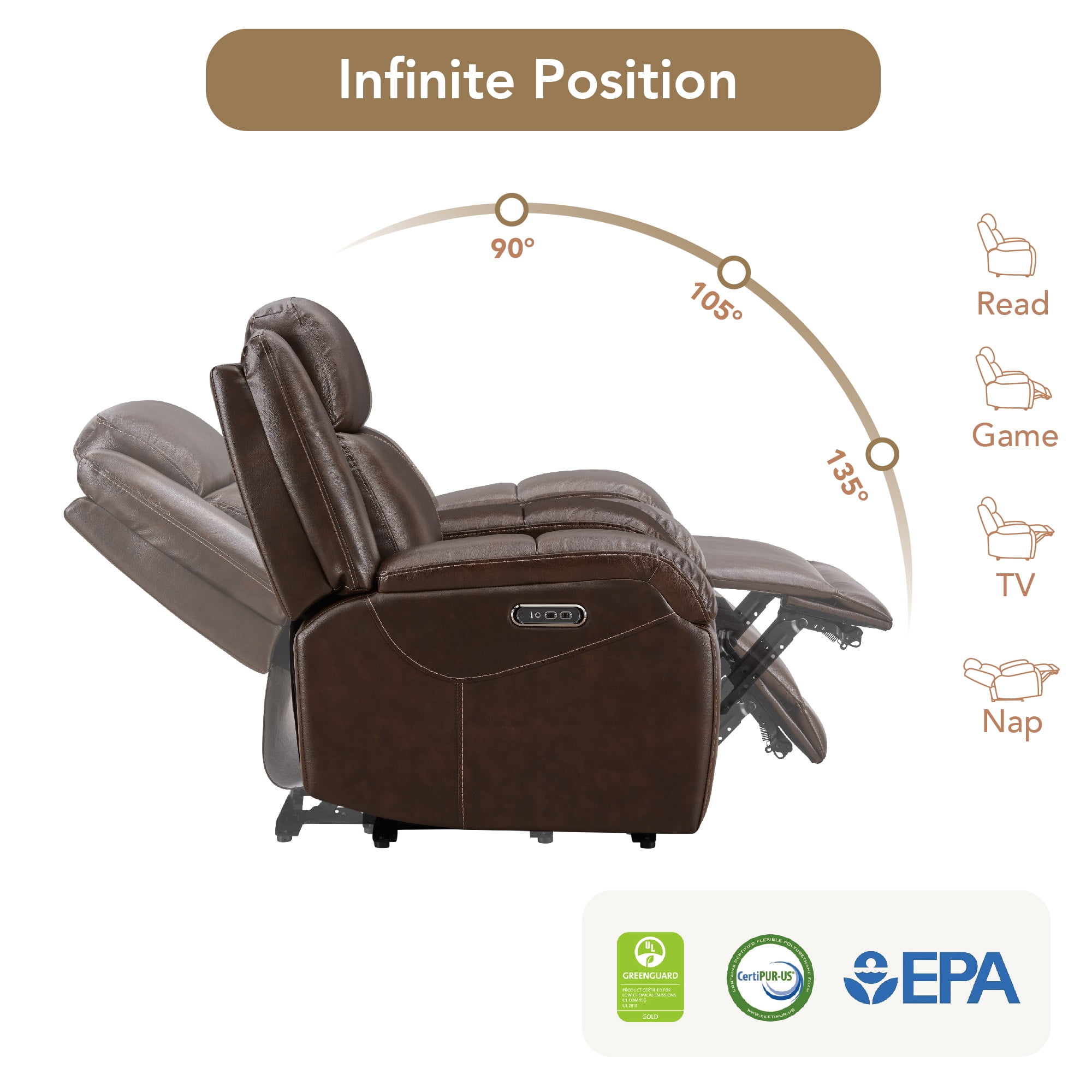 Spruce & Spring Genuine Leather Wall Hugger Power Recliner with Dual Motors, Brown-Medium