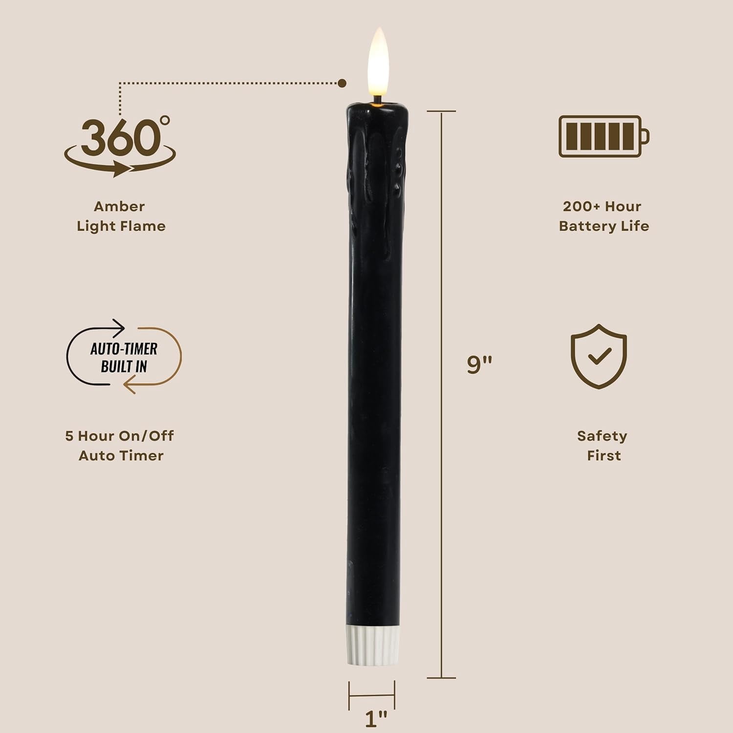 LumiPur Signature Halloween Collection Natural Glow Flickering Flameless LED Wax Taper Candle 1" x 9" (Drip - Black, 2-Pack)