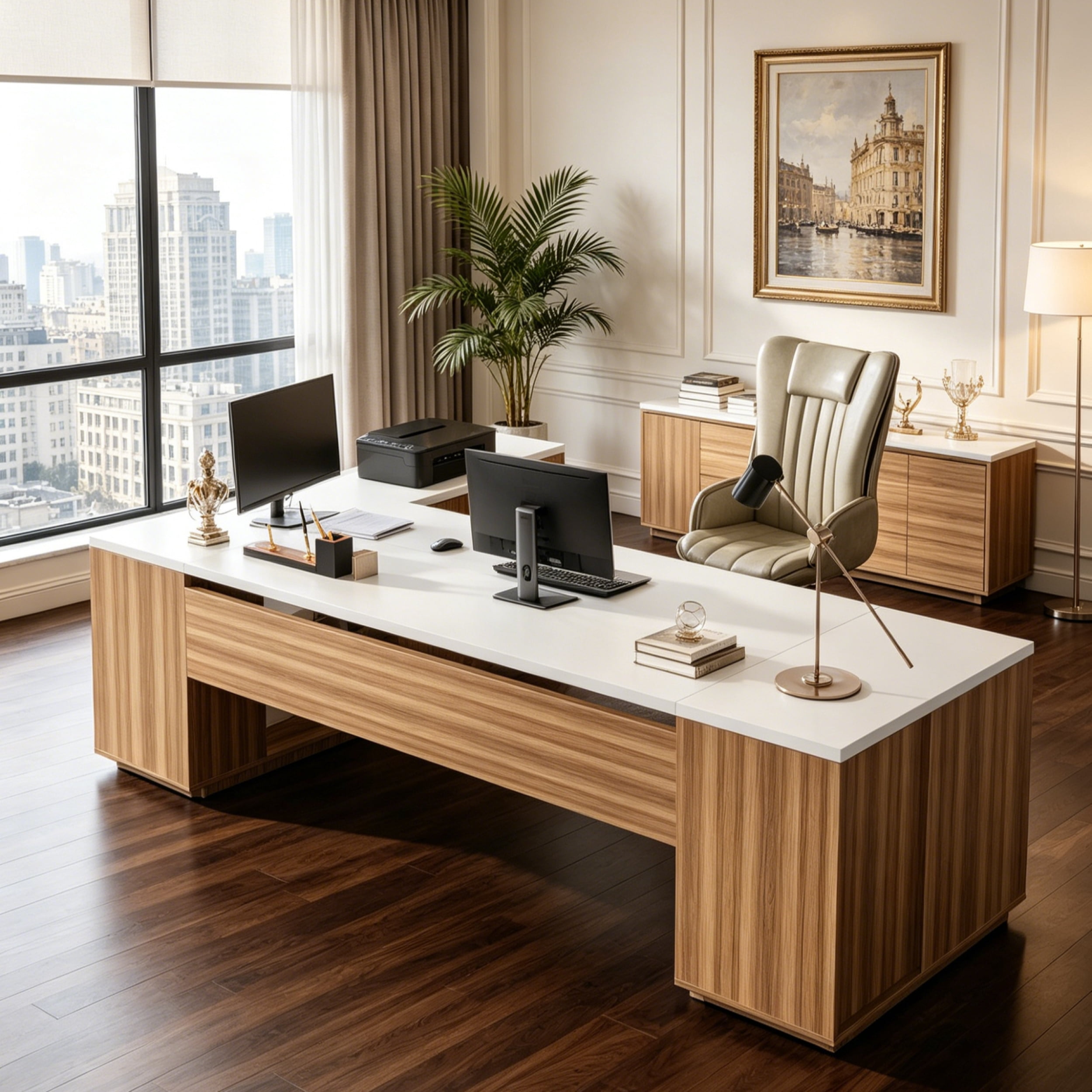 Fnova 85" L-Shaped Executive Desk with Storage Drawers, Modern Office Desk with Adjustable Shelves & File Cabinet, Extra Long Corner Computer Desk for Home Office