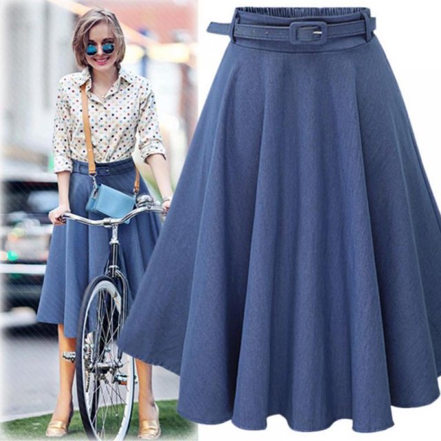 Falda vaquera de cintura alta con forma de A y cinturón para mujer: vestido informal, elegante y de color liso.