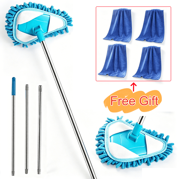 Triangular Dust Mop with 180 Degree Rotating Head, 3-Section Extendable Pole for Ceiling and Wall Cleaning, Washable Microfiber Cloth for Wet and Dry Use on Hard Floors (1 Pc)
