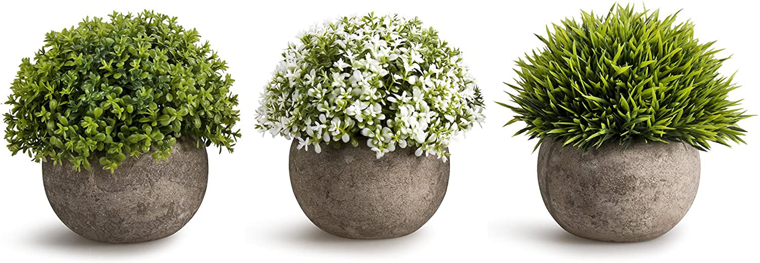 Artificial Plastic Mini Plants Fake Fresh Green Grass Flower Gray Pot Home Deco 