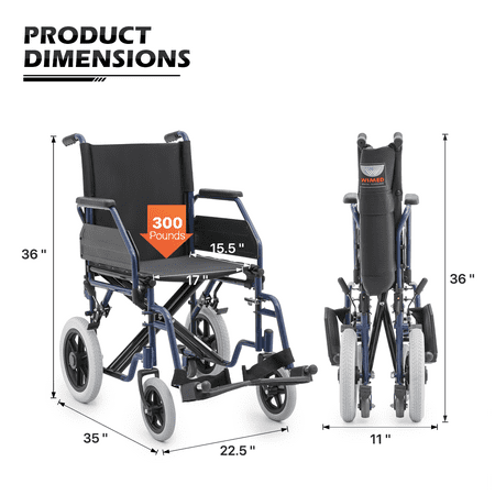 monicare *FDA APPROVED* Transport Wheelchair 300lbs Weight Capacity, Folding Transport Wheelchair with Removable Flip Back Armrests & Swing-Away Footrests, Blue