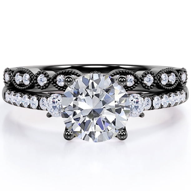 Anillo de boda JeenMata Trilogía Moissanita Redonda 1,75 Quilates Diseño Vintage Milgrain Pavé Baño de Oro Negro 18 K sobre Plata