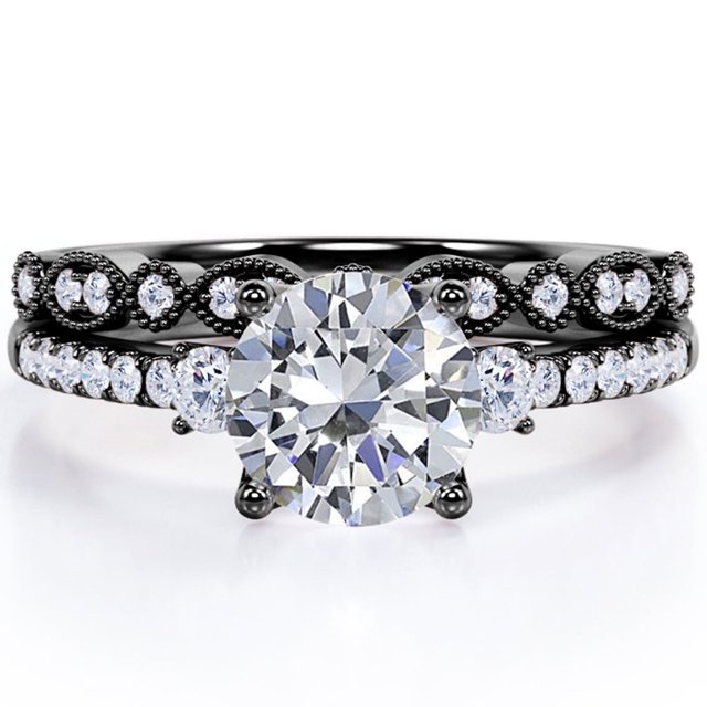Anillo de boda JeenMata Trilogía Moissanita Redonda 1,75 Quilates Diseño Vintage Milgrain Pavé Baño de Oro Negro 18 K sobre Plata