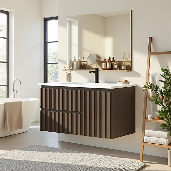 BUPPLEE 36" Floating Bathroom Vanity with Ceramic Sink, Wall-Mounted Bathroom Cabinet with 2 Drawers & 1 Door, Soft-Close Storage Vanity