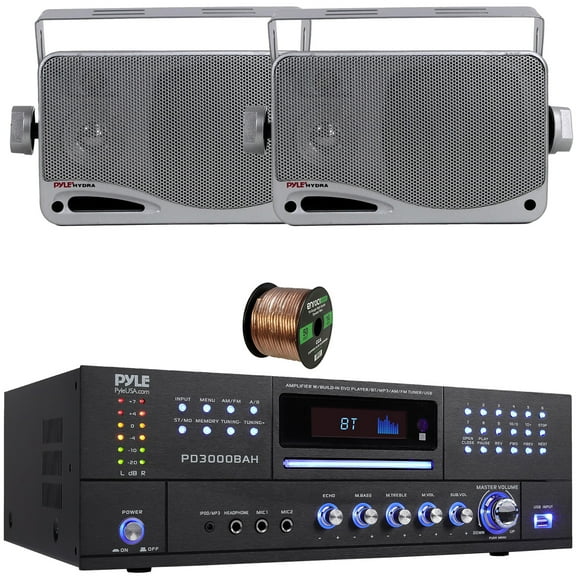 Pyle PD3000BAH 4-Channel 4000W Bluetooth Home Audio Amplifier Receiver – HDMI, USB, FM Radio, CD/DVD Player 2 Microphone, 2x 3.5'' 200W Max Power 3-Way Weather Proof Mini Box Silver Speakers W/Wire