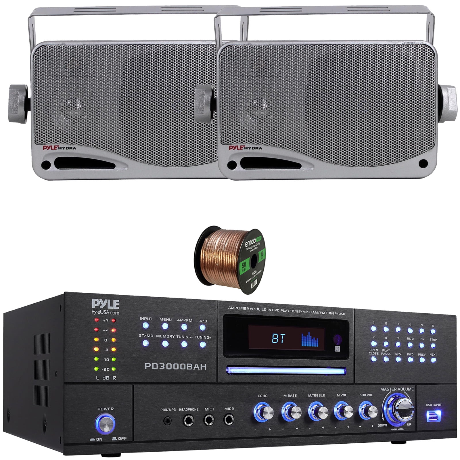 Pyle PD3000BAH 4-Channel 4000W Bluetooth Home Audio Amplifier Receiver – HDMI, USB, FM Radio, CD/DVD Player 2 Microphone, 2x 3.5'' 200W Max Power 3-Way Weather Proof Mini Box Silver Speakers W/Wire