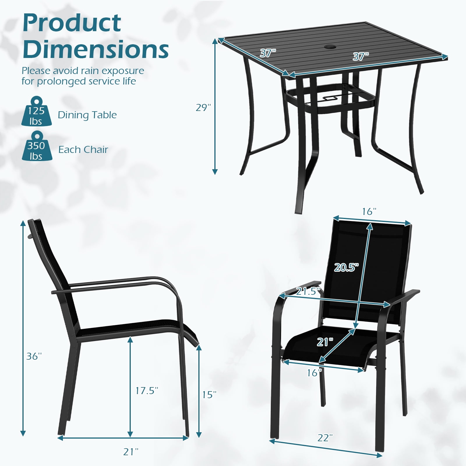 Costway 5 PCS Patio Furniture Dining Set, Outdoor Square Table & Stackable Chairs with Umbrella Hole Black