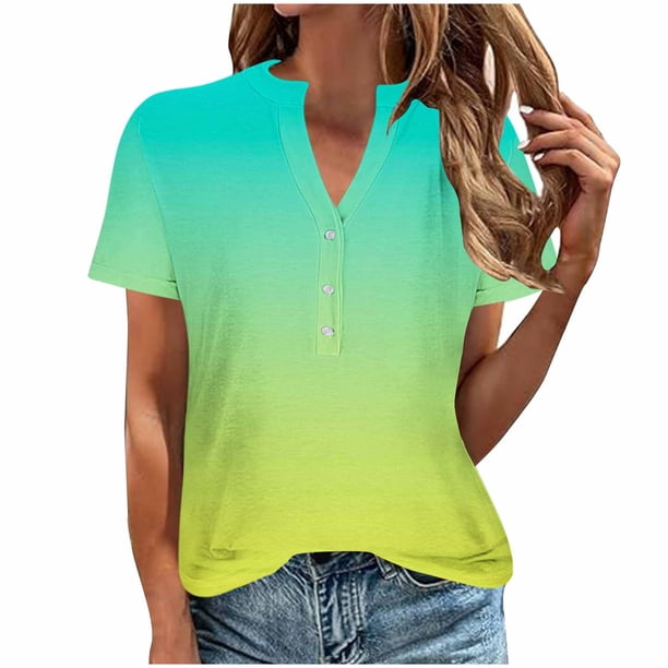 Camisetas de Verano para Mujeres Casual Camiseta con Cuello en V Botón Arriba Suelto, Camisetas de Mujer Casual para Primavera Verano