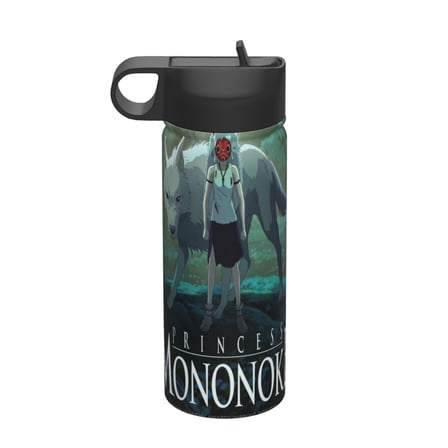 Princess Mononoke Kids Insulated Water Bottle With Straw - 18 Oz Stainless Steel Double Wall Vacuum Cup, Leakproof, Bpa Free, Suitable For Boys And Girls