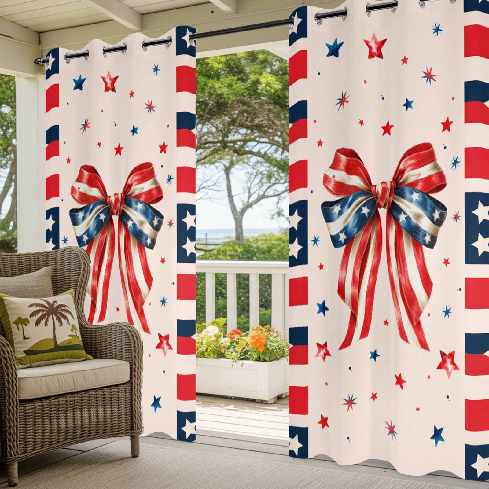 Independence Day Bow Outdoor Curtains for Patio, 4th of July US Flag Red Blue Stripe Star Sunshade Privacy Drapes Grommet Waterproof Outside Curtains for Porch/Cabana/Balcony 54"x 108", 1 Panel