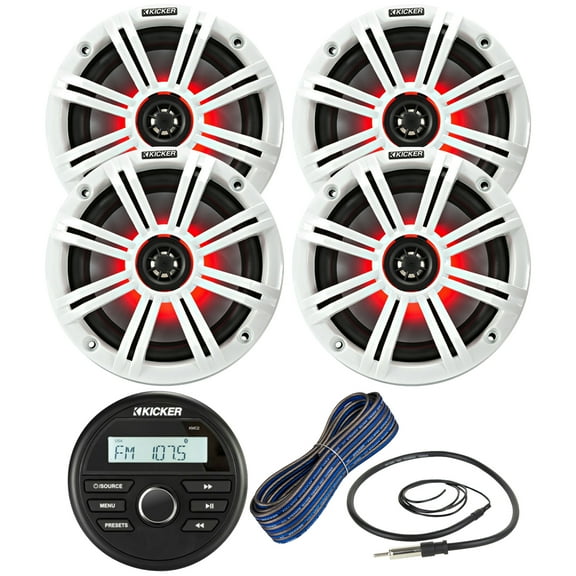 Kicker Weather-Resistant Gauge Style Bluetooth Marine Digital Media Receiver Bundle Combo with (QTY 4) 6.5" 2-Way 195W Max Coaxial Marine LED Speakers w/ White Grilles, 16-Gauge Wire, 22" Antenna