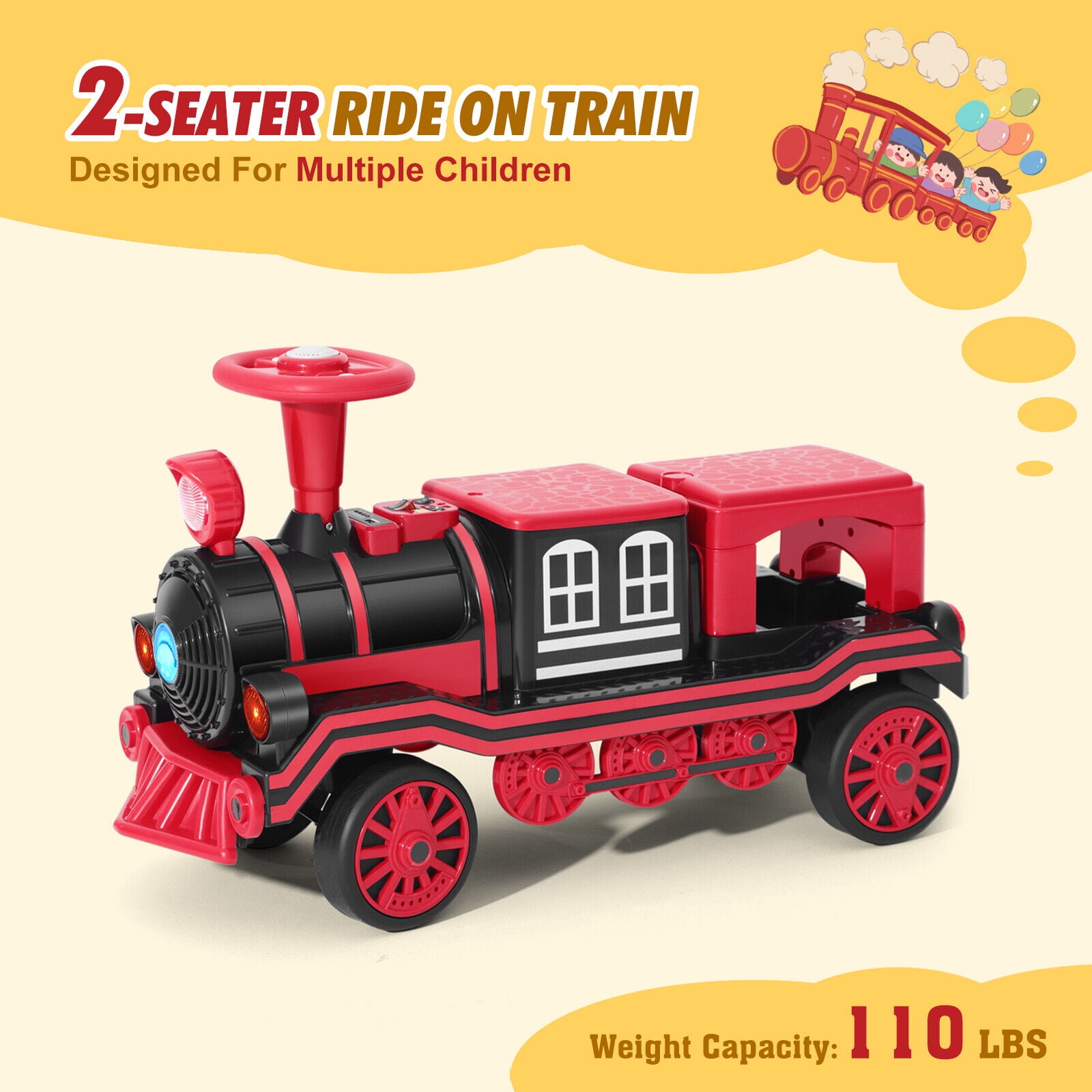 Red 2-Seater 12V Electric Kids Ride On Train Toy Car Boys Girls Gift w/2 Speed,Music,Lights,Honk,Storage,USB,Support to 110LBS