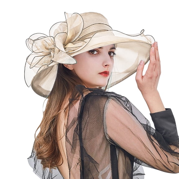 GZWYHT Fascinators Hats For Women,Hat Flower Mesh Ribbons Fascinatorss On A Headband Organza Church Fascinator Bridal Flower Wide Brim Sun Hat Tea Party Wedding Hat