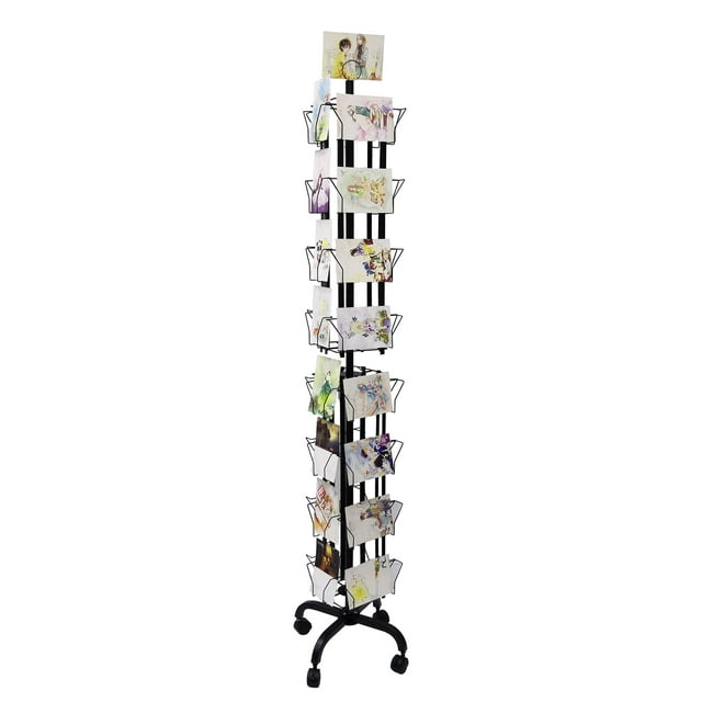 FixtureDisplays® 32 Adjustable Pockets Display Rack 5x7 7x5 up to 8.5" Wide X 8" Tall Cards, 1.27" deep pockets, Double Tier Greeting Post Card Christmas Holiday Spinning Rack Stand Black 10095