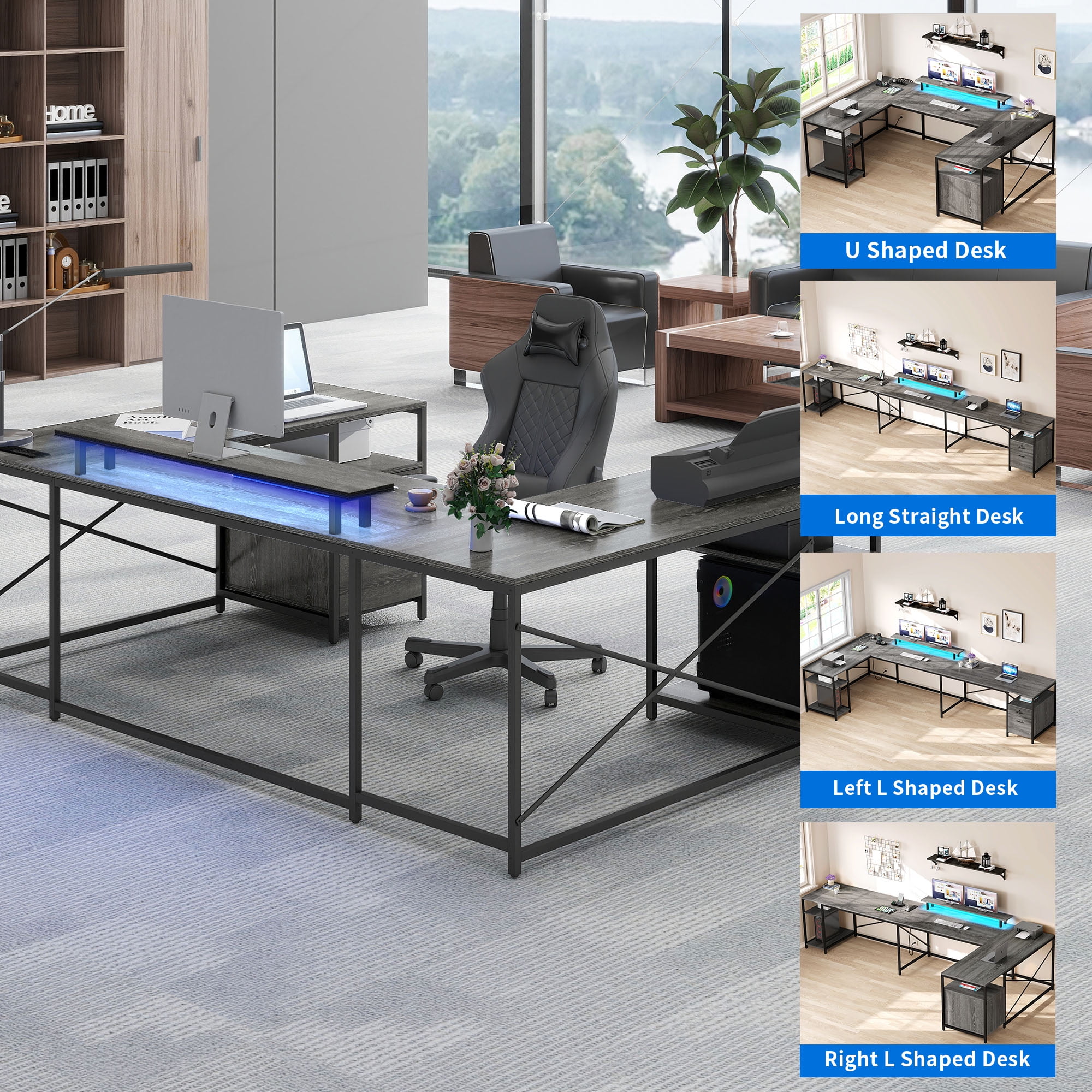 Dextrus L Shaped Desk with Power Outlets & LED Lights, Reversible Computer Desk with Drawers & Storage Shelves, Large U Shaped Desk, 2 Person Corner Office Desk for Home Office,Gray