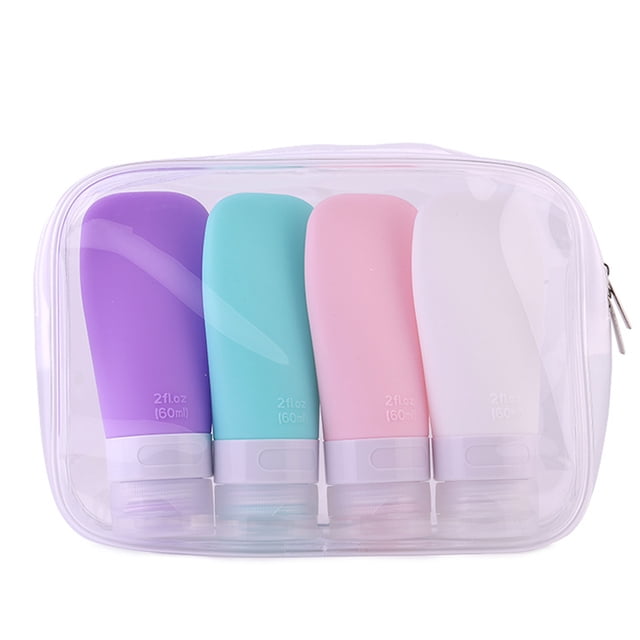 Contenedores de tamaño de viaje, juego de 4, botellas de silicona a prueba de fugas de 60 ML, juego de accesorios para artículos de tocador cosméticos para champú, loción, jabón, acondicionador,