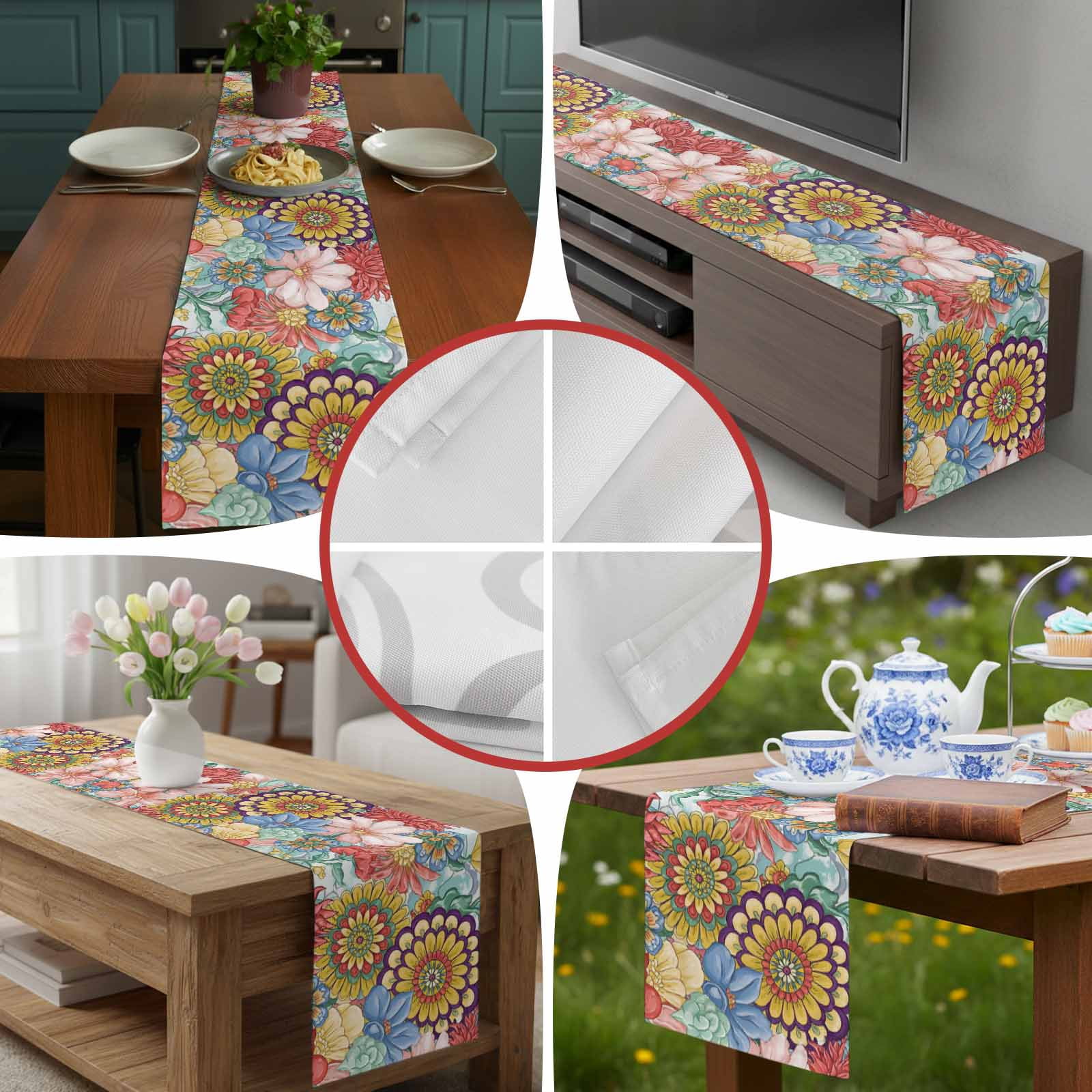 Retro Bohemian Flowers Table Runner 90 Inches Long, Country Floral Art Table Runners Tabletop Scarf Kitchen Dining Tables Decoration for Home Party Indoor Outdoor