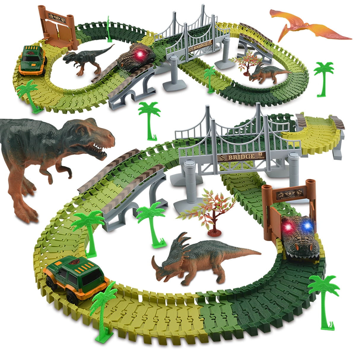 144Pcs Flexible Track Race Car Train Toy Playset Dinosaur Building Game for Kids 