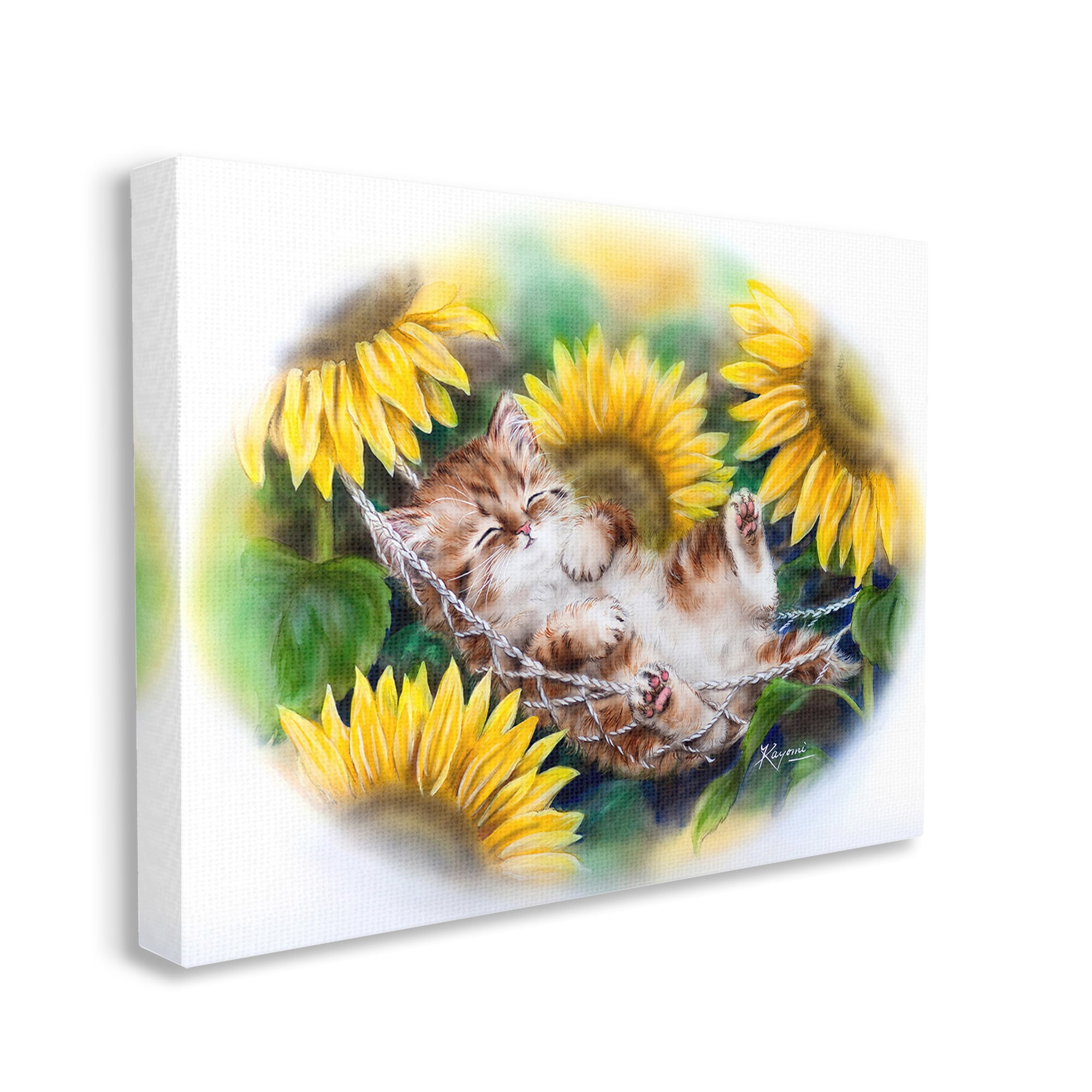 Stupell Industries Kitten Asleep with Sunflowers Animals & Insects Painting Gallery Wrapped Canvas Art Print Wall Art, 48 x 36