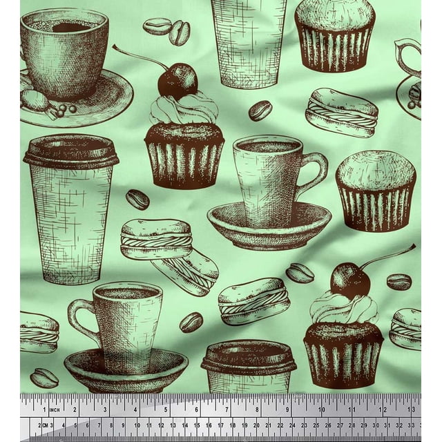 Soimoi Moss Georgette Fabric Burger,Cupcake & Cups Print Fabric by Yard 42 Inch Wide