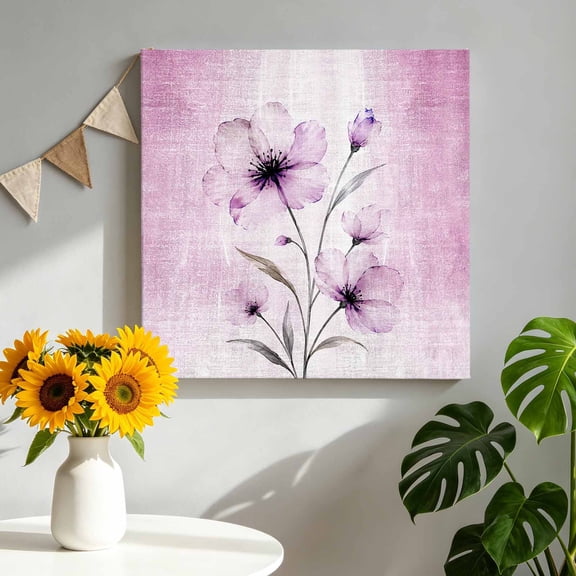Whimsical Translucent Floral Canvas Wall Art, Shabby Chic Pink Flower Framed Canvas Wall Decor Picture Print Artwork Decorations for Living Room Office Ready to Hang 10" x 10"