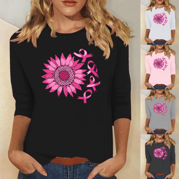 VKOYWKM Cancer Shirt for Women Breast Cancer Awareness T-Shirt Pink Ribbon Print Inspirational 3/4 Sleeve Tee Tops Crew Neck Loose Breast Cancer Shirt