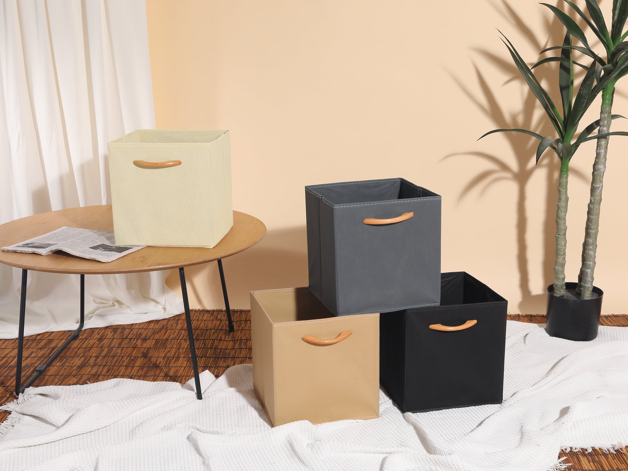 REGALWOVEN Set of 3 Fabric Storage Cube, Bin with Handle for Shelves Closet, Collapsible Basket Black 11*11*11in