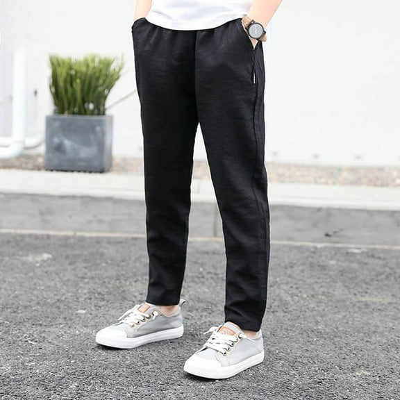 Ulitacool Boys Pants Elastic Waist Trousers Straight Leg Linen Pants For Kids Spring Summer Outdoor Play Classic Clothes Black 6-7 Years